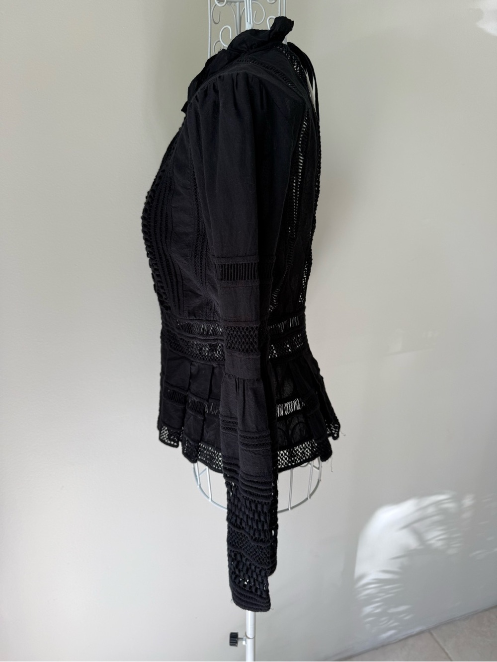 Sea New York Black Lace Crochet Peplum Blouse Top Long Sleeve Size 0 Boho - Picture 5 of 10